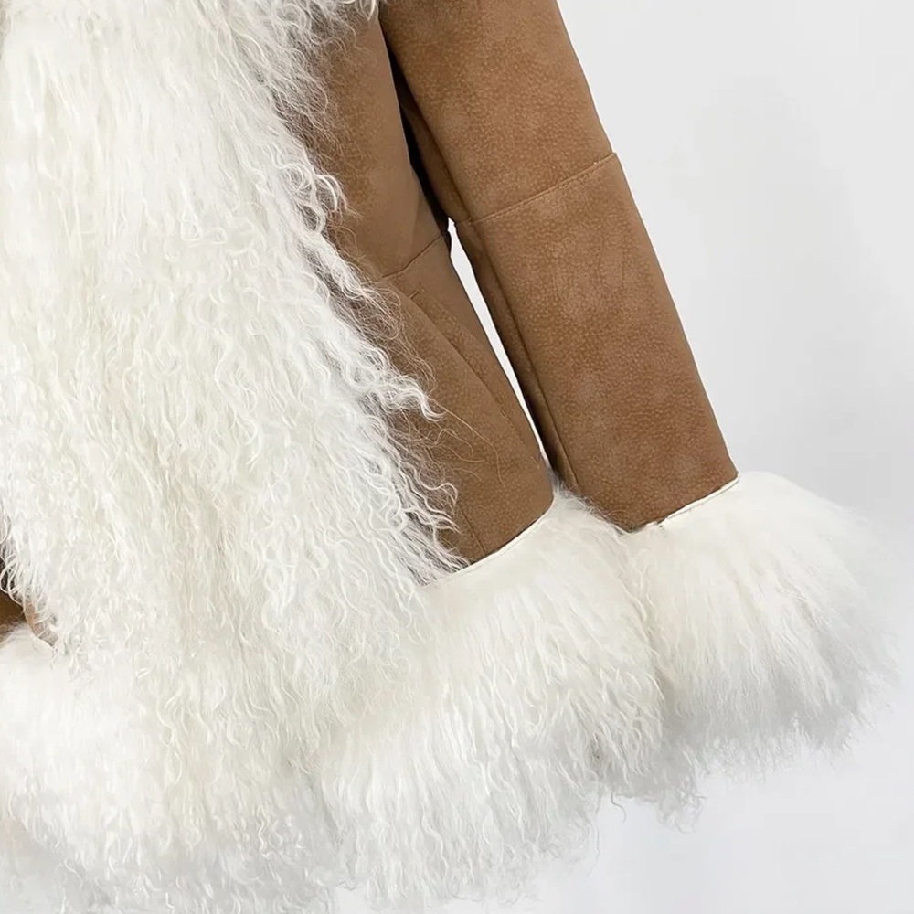 Luxurious Brown & Off White Mongolian Fur Penny Lane Retro 70s Jacket Coat - Picture 2 of 10